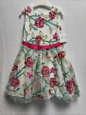 Zoe Ltd Amazing ! White Floral Embroidered Party Dress with Pink Ribbon. NWT!